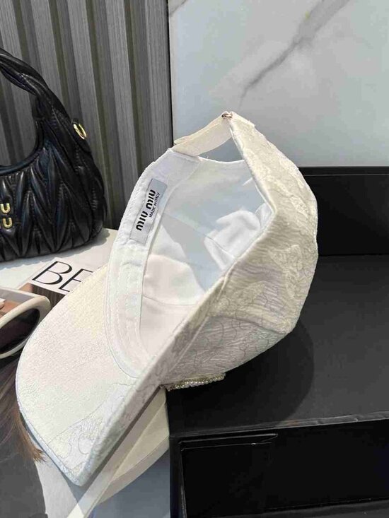 Miu Miu White Lace Baseball Cap with Crystal Logo